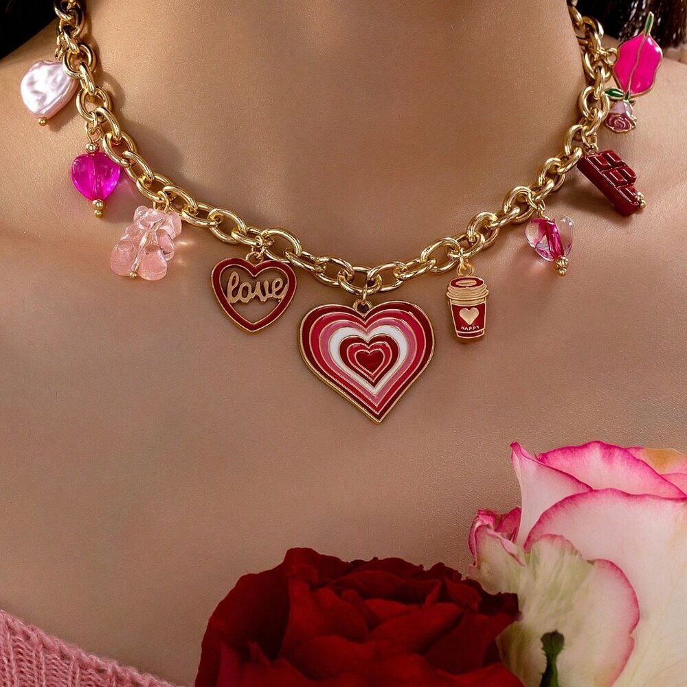 Romantic Enamel Heart Charm Necklace